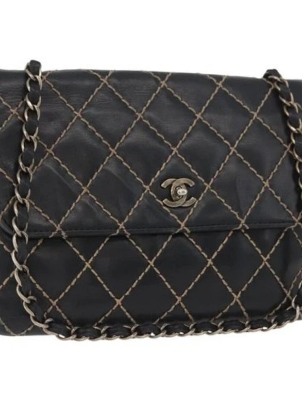 CHANEL Bicolore Big Matelasse 30 Single Flap Chain Lamb Skin Black CC Auth BA905